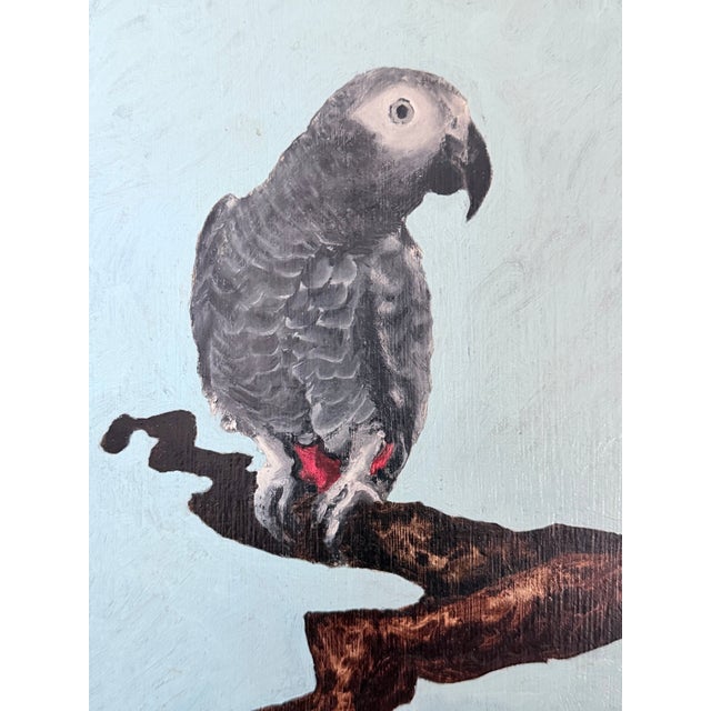 Wood Oil Painting on Board Two Parrots on Branch in Green Lacquered Frame For Sale - Image 7 of 13