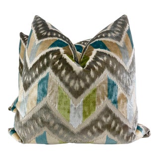 Brunschwig & Fils "Rene Velvet" in Aqua/Celadon 22" Pillows-A Pair For Sale