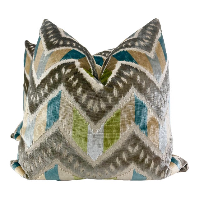 Brunschwig & Fils "Rene Velvet" in Aqua/Celadon 22" Pillows-A Pair For Sale