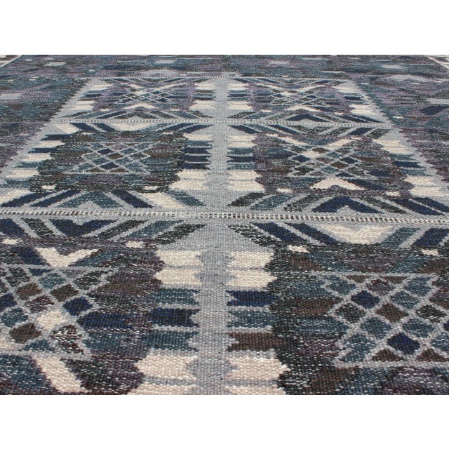 Gray, Blue and Charcoal Scandinavian Hand Woven Flat-Weave Rug With Modern Design For Sale In Atlanta - Image 6 of 13