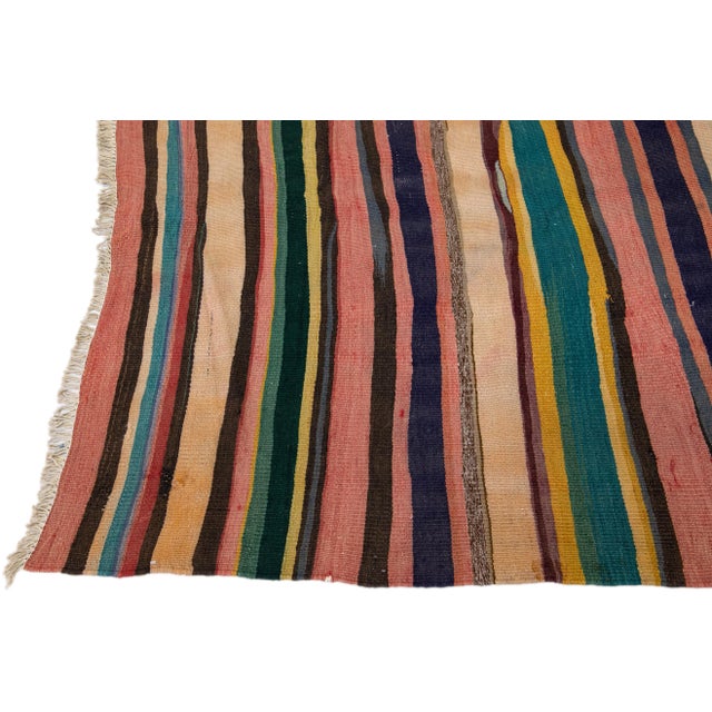 1960s Vintage Turkish Kilim Multicolor Handmade Stripes Wool Rug For Sale - Image 4 of 8