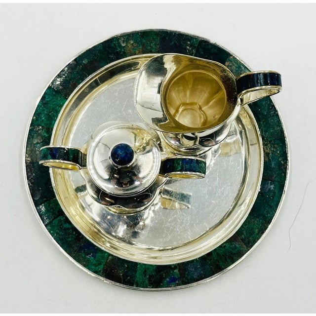 1960s 1960s Los Castillo Taxco Silver Azurite Malachite Creamer Sugar Tray Set, Mexican Mod For Sale - Image 5 of 18