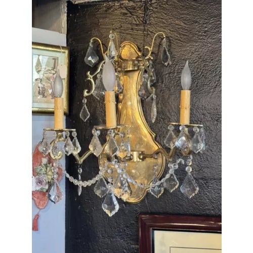 Metal Pair of 1980s Contemporary Rococo Style Brass and Crystal Bi Level Three Light Sconces For Sale - Image 7 of 12