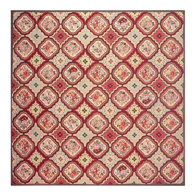 1880s Multicolor Floral Classical Antique European Needelpoint Wool Square Rug For Sale