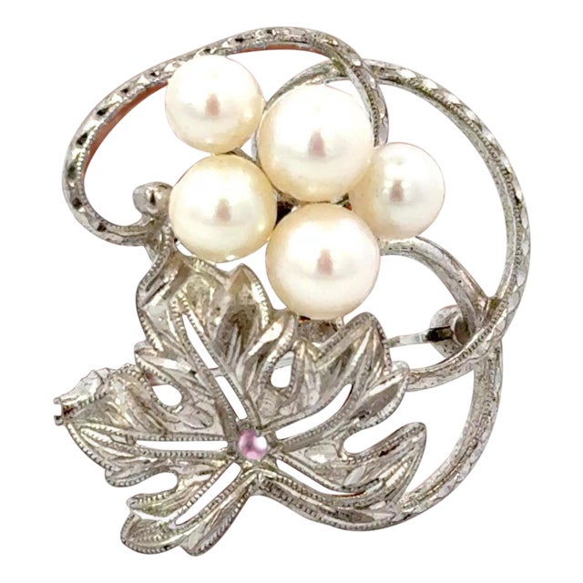 1990s Mikimoto Akoya Pearl Brooch Sterling Silver 6 mm 5.24 Grams Estate For Sale