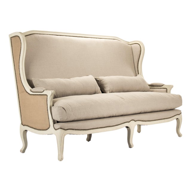 Leon Wingback Settee Ivory Hemp Linen/Burlap Bench with White Painted Frame For Sale