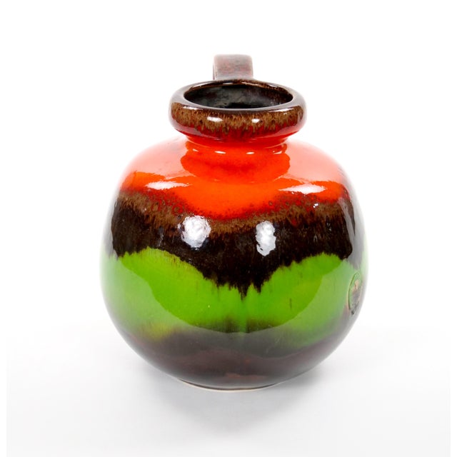 1960s Mid-Century West German Glazed Porcelain Vase Red, Green & Brown 8.5" Tall For Sale - Image 5 of 11