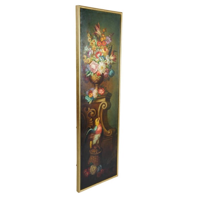 Colorful oil painting/wall panel of a still life/bouquet of flowers, 20th century Subject: The painting depicts a lush...