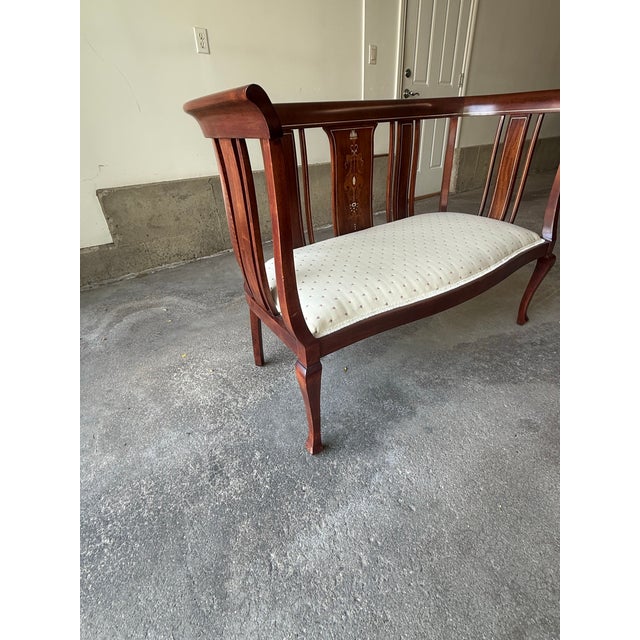 Late 19th Century Antique Mahogany Inlaid Settee – Circa 1890s Marquetry & Mother of Pearl For Sale - Image 5 of 7