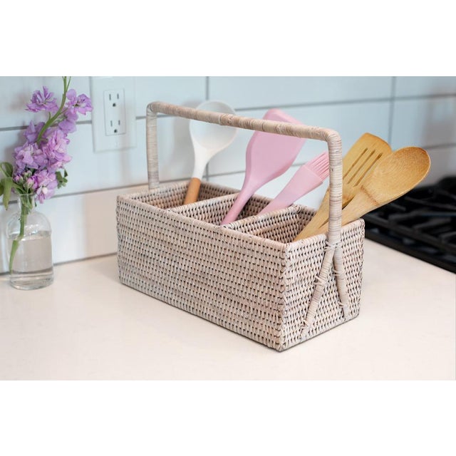 2020s Artifacts Rattan 3 Section Caddy/Cutlery Holder with Handle in White Wash For Sale - Image 5 of 10
