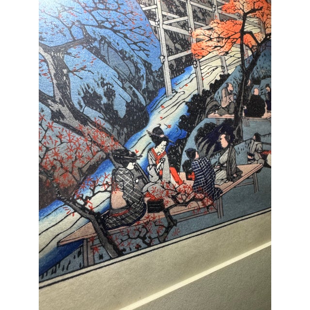 Mid-Century Modern 1950s Artisan-Signed Hiroshige Woodblock: "Maple Trees at Tsūten Bridge" | Showa Master Edition For Sale - Image 3 of 9