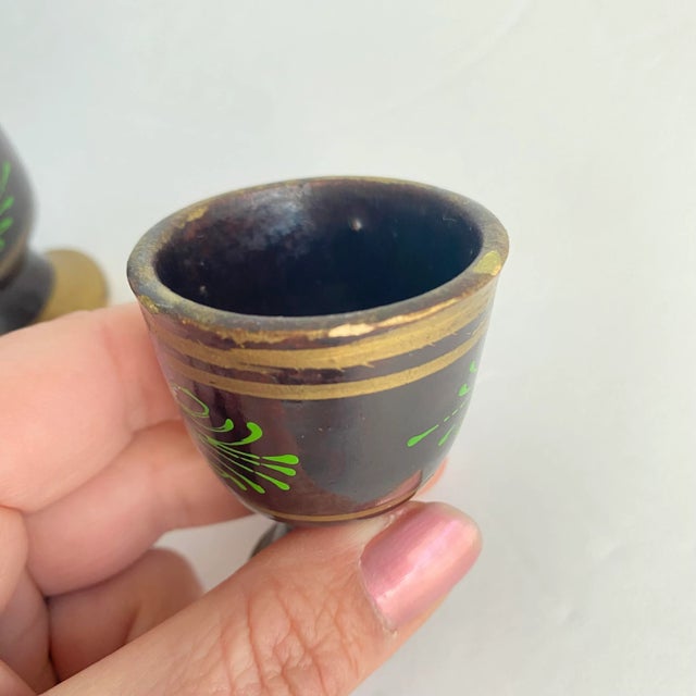 Hand Painted Pitcher & Petite Cups Port Wine Decanter Turkish Pottery Carafe Set of 7 For Sale - Image 11 of 12