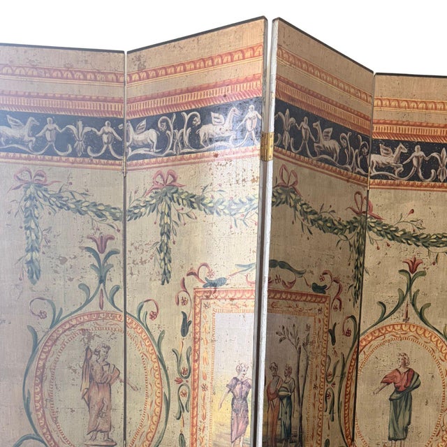 Late 20th Century Late 20th Century Hand-Painted Neoclassical 4-Panel Folding Screen – 7 Ft For Sale - Image 5 of 9