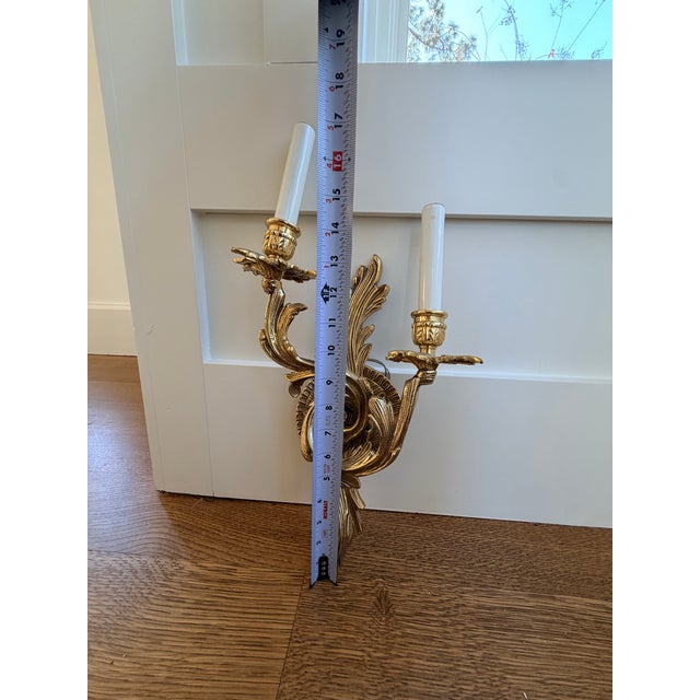 Vintage Gilt Metal Double-Arm Wall Sconces – Louis XV Rococo Style (Pair) For Sale - Image 11 of 12