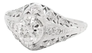 Antique Art Deco Platinum Filigree Old European Cut Diamond Solitaire Ring