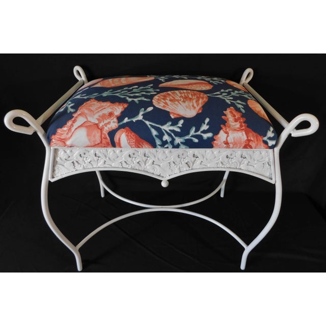 Vintage Mid Century White Iron Blue Coral Upholstered Vanity Stool Bench For Sale - Image 4 of 13