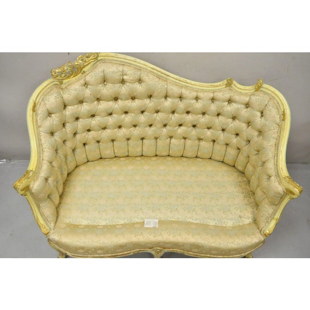 Vintage French Louis XV Rococo Style Yellow & Green Settee Loveseat Sofa For Sale In Philadelphia - Image 6 of 12