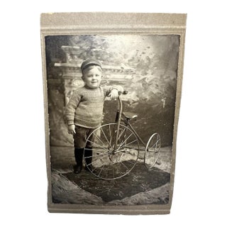Antique Cabinet Card Photo: Young Boy with Tricycle, 19th Century For Sale