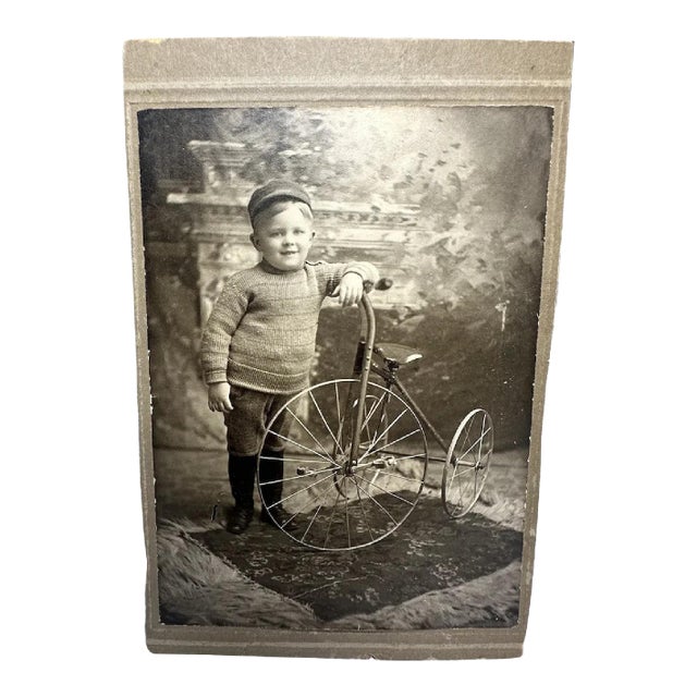 Antique Cabinet Card Photo: Young Boy with Tricycle, 19th Century For Sale