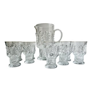 Vintage Pilgrim Glass "Adams" Clear Set of 8 Pedestal Glasses + Pitcher For Sale