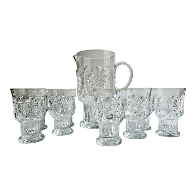 Vintage Pilgrim Glass "Adams" Clear Set of 8 Pedestal Glasses + Pitcher For Sale