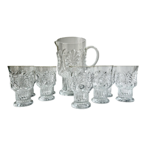 Vintage Set of Pilgrim Glass Corp. Adams Clear 8 Pedestal Glasses & Pitcher