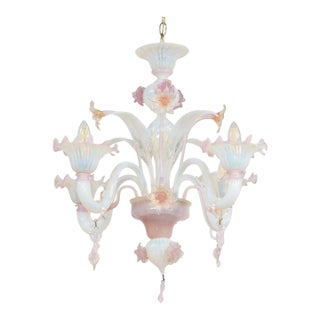 Vintage Baroque Style Opaline Chandelier With Pink Flowers in the Manner of Giuseppe Briati For Sale