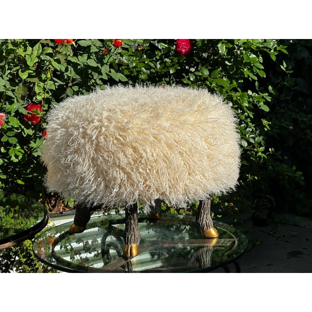 Contemporary Round Stool / Ottoman With Hand Carved and Patinated / Gilt “Sheep” Legs & Faux “Lambswool” Lush Washable Upholstery/ Everage Design Workshop For Sale - Image 3 of 8