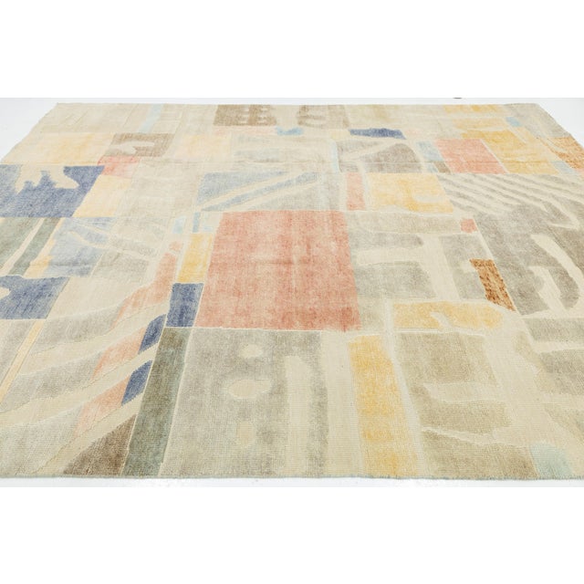 Modernist Cubist Style Handcrafted Wool Area Rug Soft Terracotta, Ochre & Indigo For Sale - Image 4 of 12