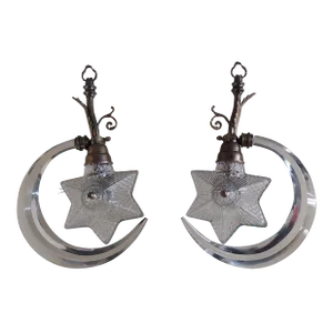 19th Century Antique Vintage Brass Star Crescent Moon Hanging Fixture Light by F & C Osler Glass Lamp - a Pair
