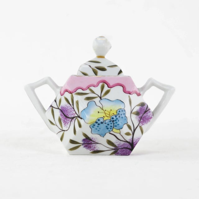 Hand-Painted Floral Sugar Bowl With Pink Rim and Unique Hexagonal Shape For Sale - Image 11 of 11