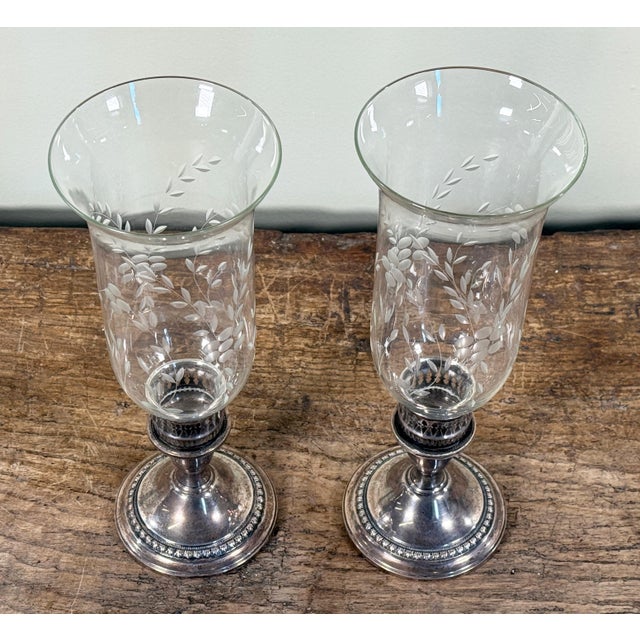 International Sterling Silver Etched Crystal Hurricane Candlesticks – A Pair For Sale In Providence - Image 6 of 12
