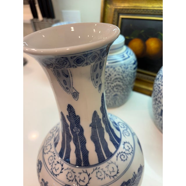 Vintage Blue & White Chinese Porcelain Chinoiserie Vase With Pagoda Landscape Motifs For Sale - Image 9 of 13