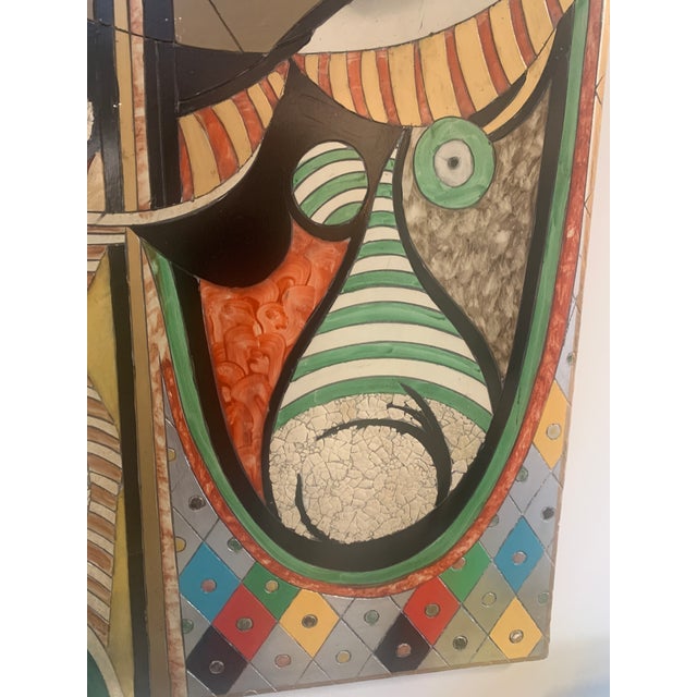 Wood Large Mid Century Modern Studio Abstract Acrylic Mixed-Media Painting Picasso Inspired Original Decorative Artwork Handcrafted Girl Before a Mirror For Sale - Image 7 of 14