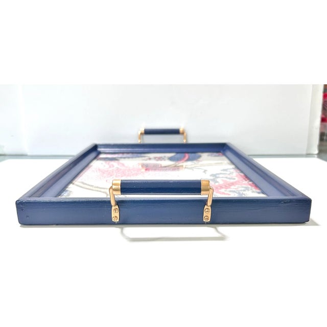 Blue Lacquer Serving Tray With Brass Handles – Floral Fabric Inlay, Bar Cart Decor For Sale - Image 9 of 12