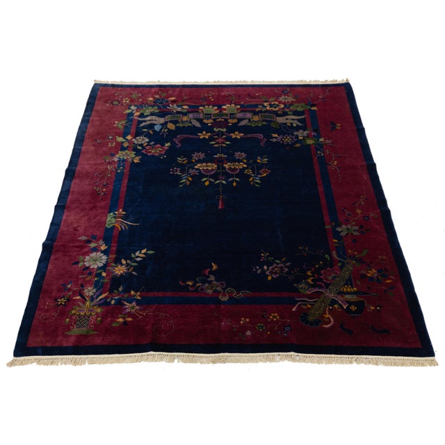 Navy Blue Antique Art Deco Chinese Wool Rug With a Classic Design For Sale - Image 10 of 12