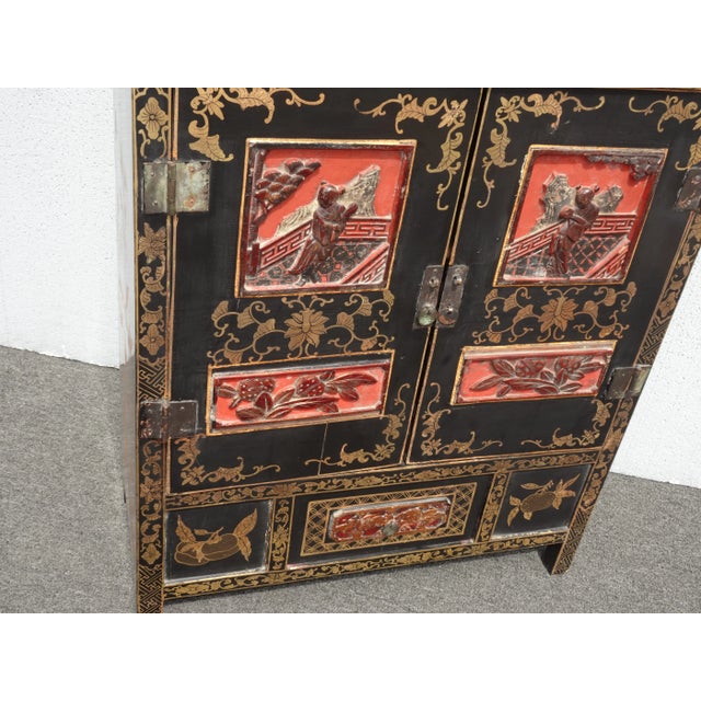 Vintage Chinese Asian Black & Red Hand Painted Lacquer Cabinet Side Table For Sale - Image 4 of 12