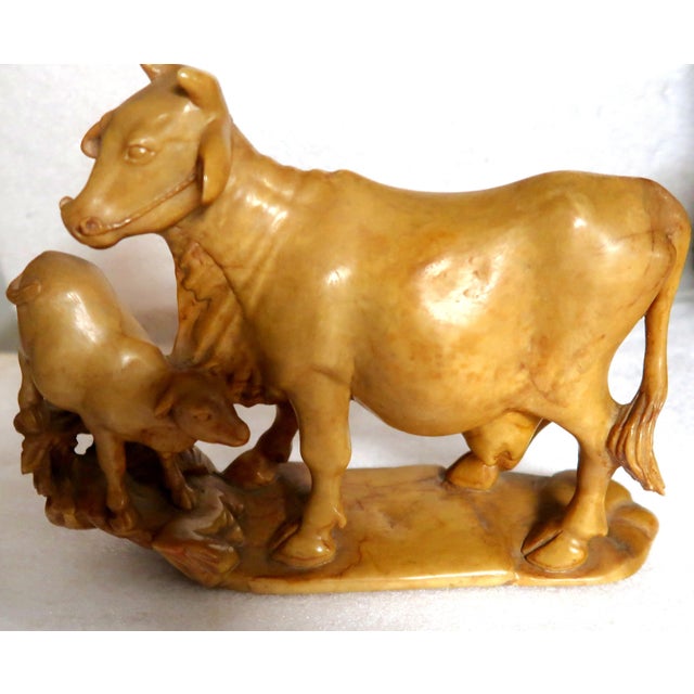 Japanese Yellow Jasper Hardstone Carving of a Cow and Calf For Sale - Image 14 of 16