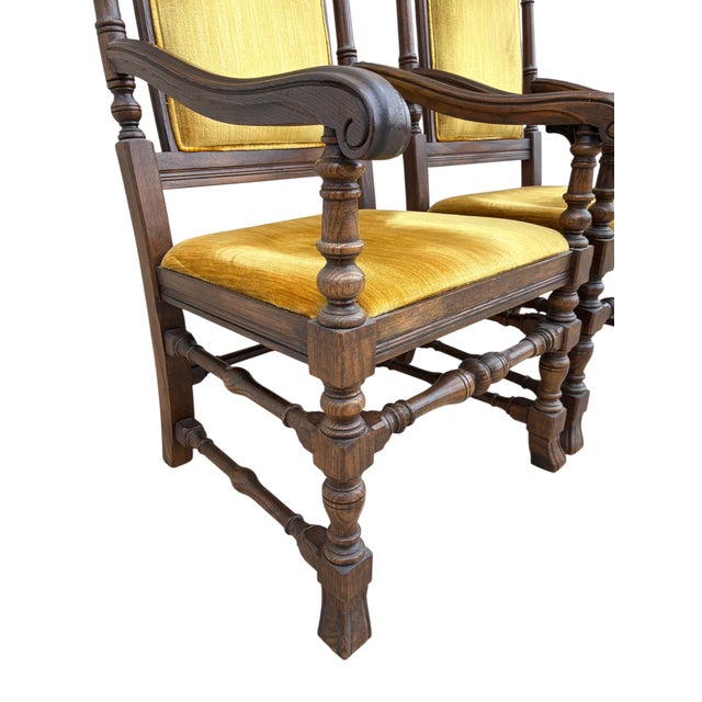 1980s 1980s Ethan Allen Jacobean Royal Charter Oak Dining Room Armchairs Gothic Pair For Sale - Image 5 of 15