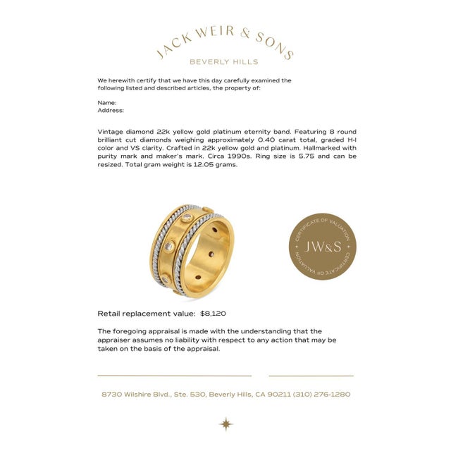 Metal Vintage Diamond 22k Yellow Gold Platinum Eternity Band, Size 5.75 For Sale - Image 7 of 7