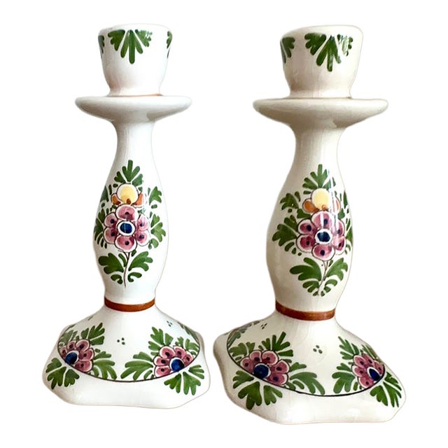 Vintage De Candelaer Delft Polychrome Floral Ceramic Candlesticks – Pair, Netherlands For Sale