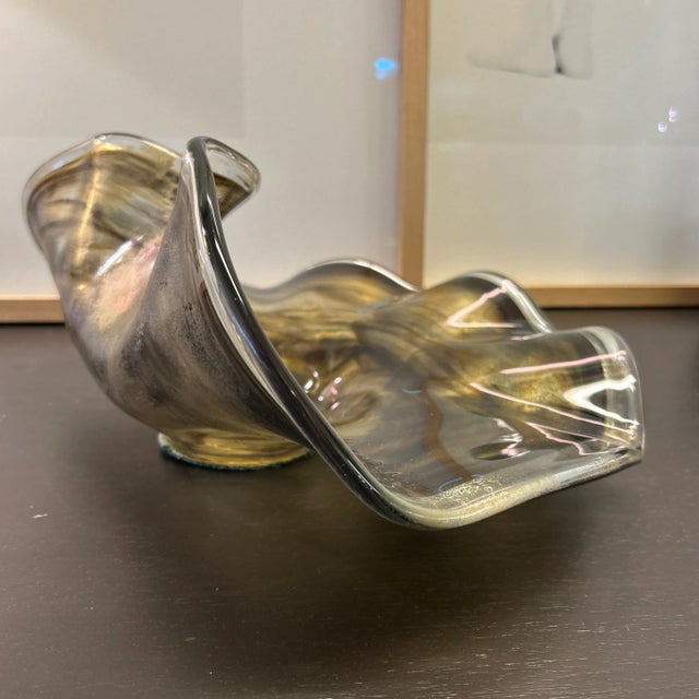 Gold Brown and Copper Color Blown Art Glass Pinched Rim Bowl For Sale - Image 9 of 11