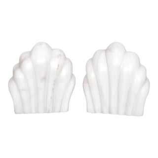 Italian Carrara Marble Scallop Shell Bookends, a Pair For Sale