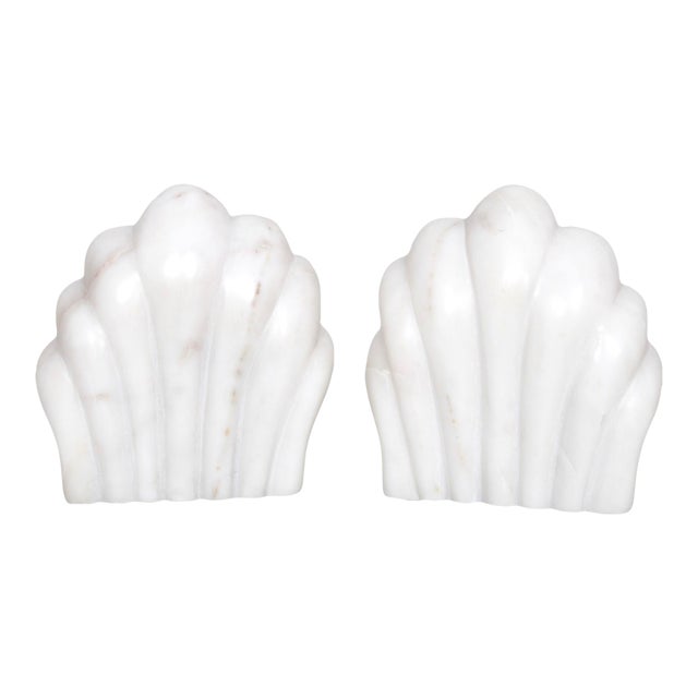 Italian Carrara Marble Scallop Shell Bookends, a Pair For Sale