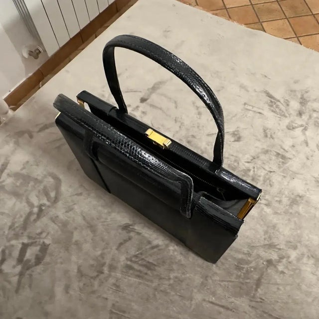 1950s High Quality Black Leather and Brass Hardware Italian Evening Bag For Sale - Image 18 of 18