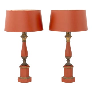 Italian Orange Toleware Table Lamps, Pair For Sale