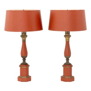 Mid 20th Century Italian Orange Toleware Table Lamps, Pair For Sale