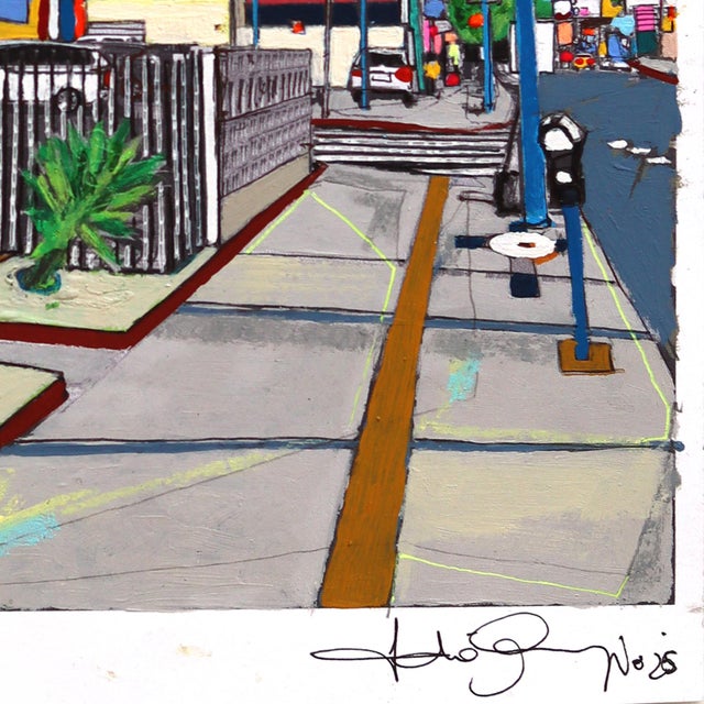 Pop Art Hollywood Motel - Original Abstract Cityscape Colorful Layered Mixed Media Art by Fabio Coruzzi For Sale - Image 3 of 6
