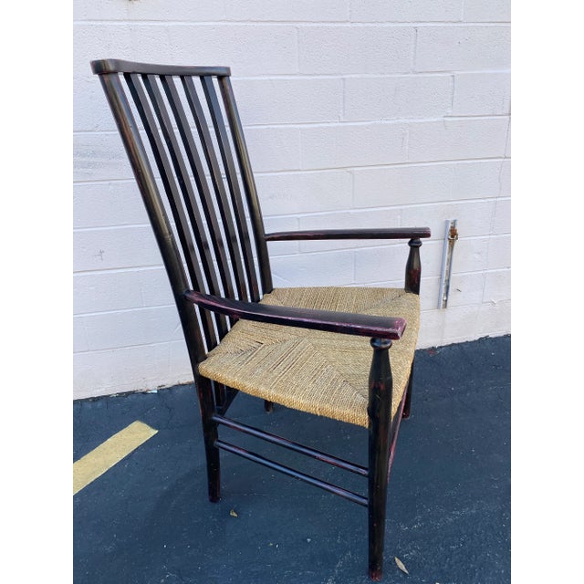 Set of 8 Elegant Dining Chairs: Tall Back Dessin Fournir Slat Back Black Hand Rubbed Ebonized Wood With Rush Seats. Set of 8 For Sale - Image 9 of 12