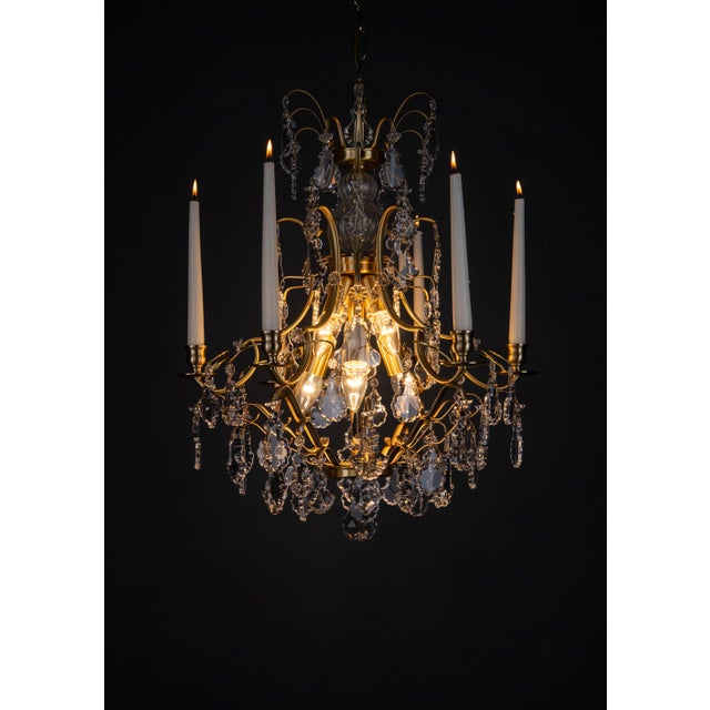 Baroque Style Chandelier with Candleholders in Brass and Crystals by Krebs Stockholm, 2020 For Sale - Image 4 of 4
